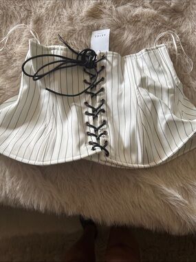 AKIRA Ivory Pinstripe Lace-Up Corset Top with Black Lacing